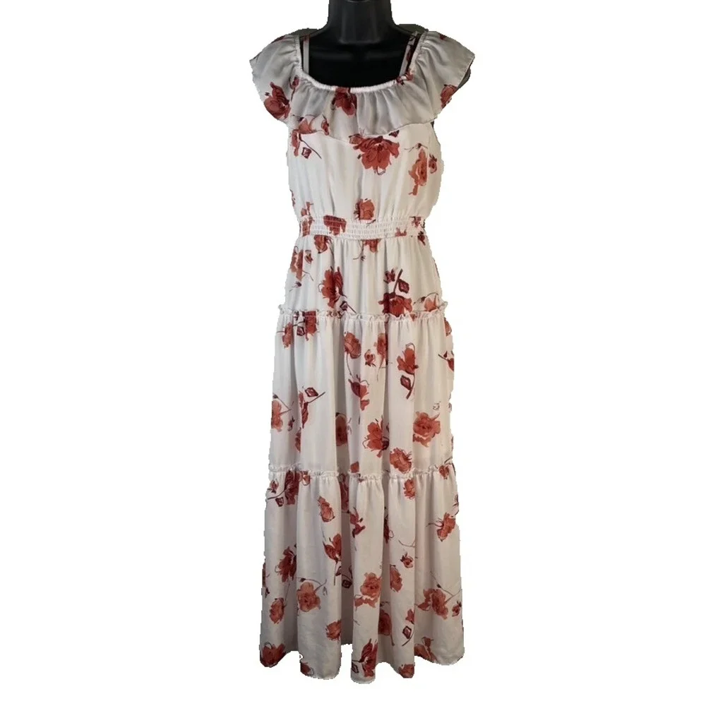 Beautees Women's Midi Dress White Floral Sz 14 Off Shoulder Elastic Waist Tiered